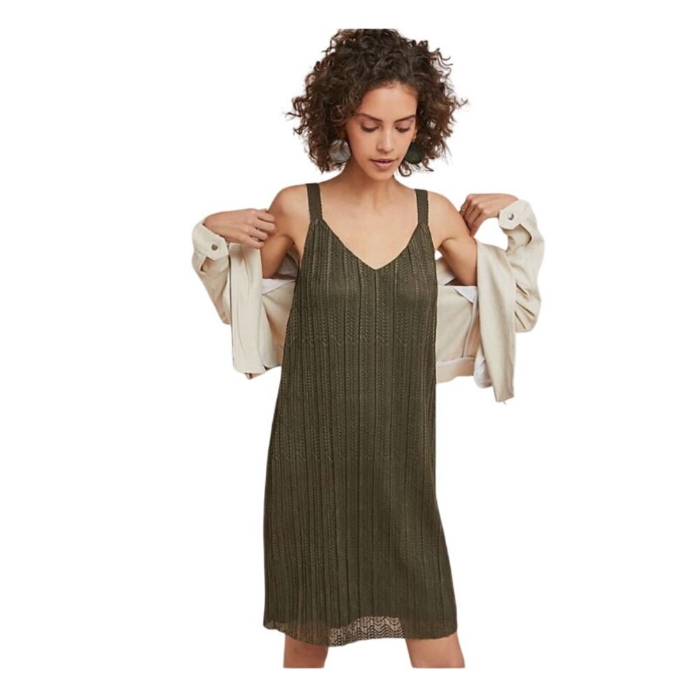 Meadow Rue Anthropologie Moss Green Prespa Pleated Shift Dress Size Small
